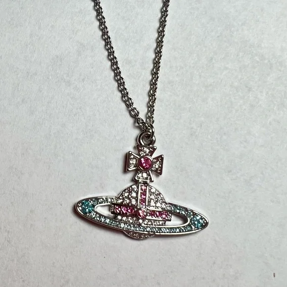 Vivienne Westwood Orb Necklace Pink & Aqua Crystal Pendant Silver Tone - Picture 2 of 6